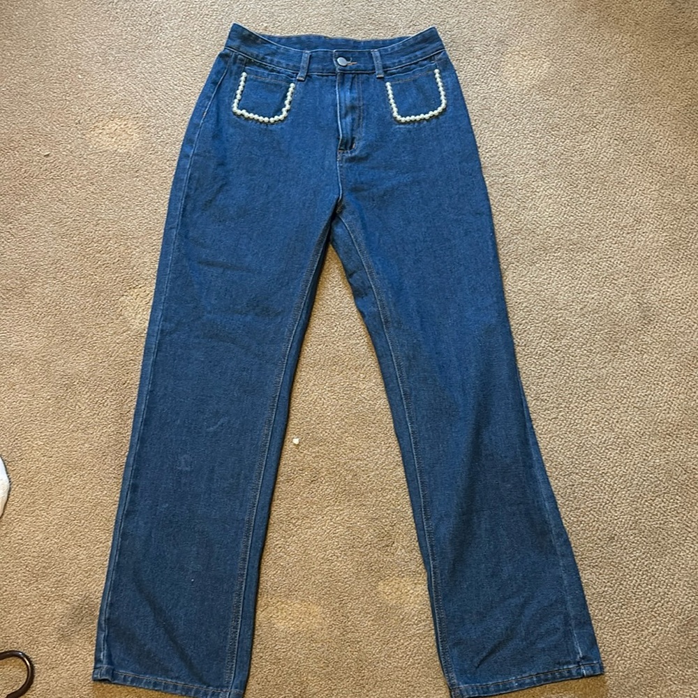 Cider Dark Wash Straight Leg Jeans with Pearl Pocket Detail. Size M.